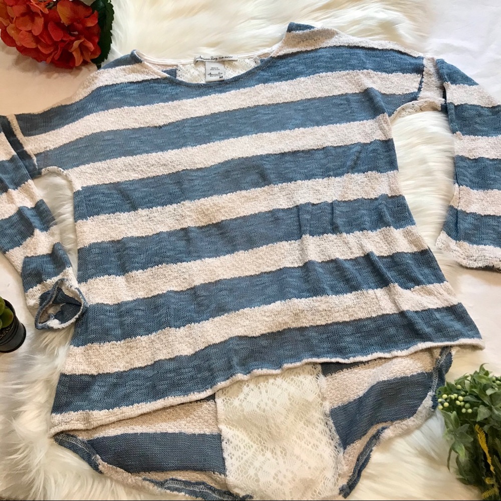 Blue and Cream Striped Long Sleeve Woven Top